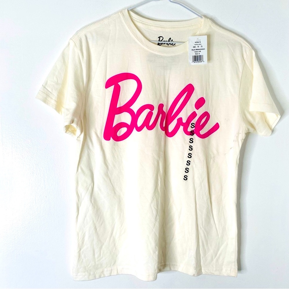 Barbie Off-White Pink Graphic Logo Crew Neck Tee NWT Official